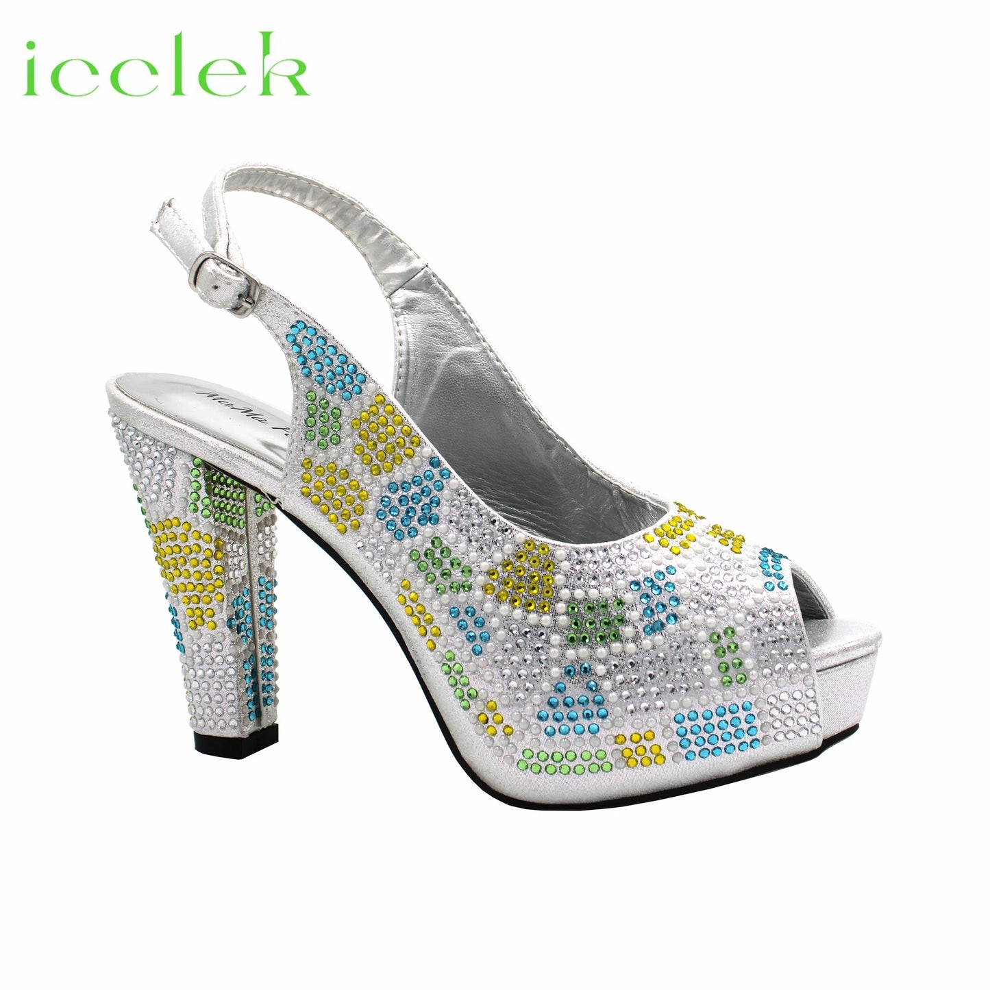 ICCLEK Silver Color Peep Toe Shoes Matching Bag Set