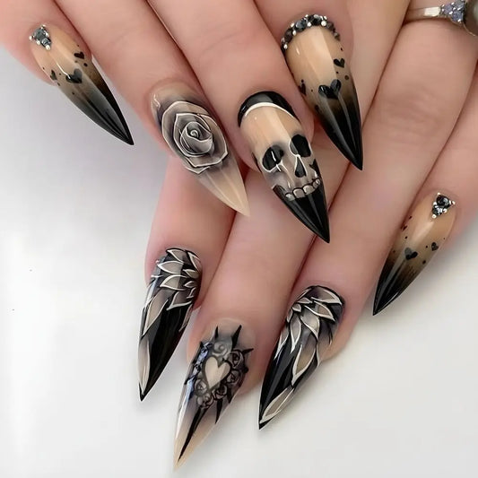 24pcs Rose Rhinestone Halloween Skull Fake Nails