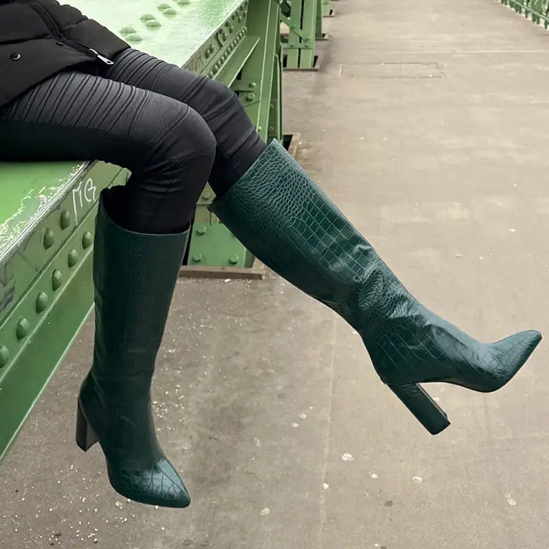 Onlymaker Women Green Knee High Boots