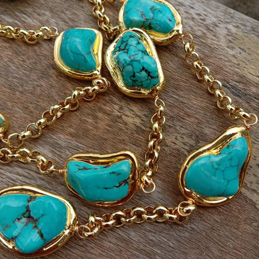 Y.YING 3 Rows Blue Turquoise Freeform Shape Necklace