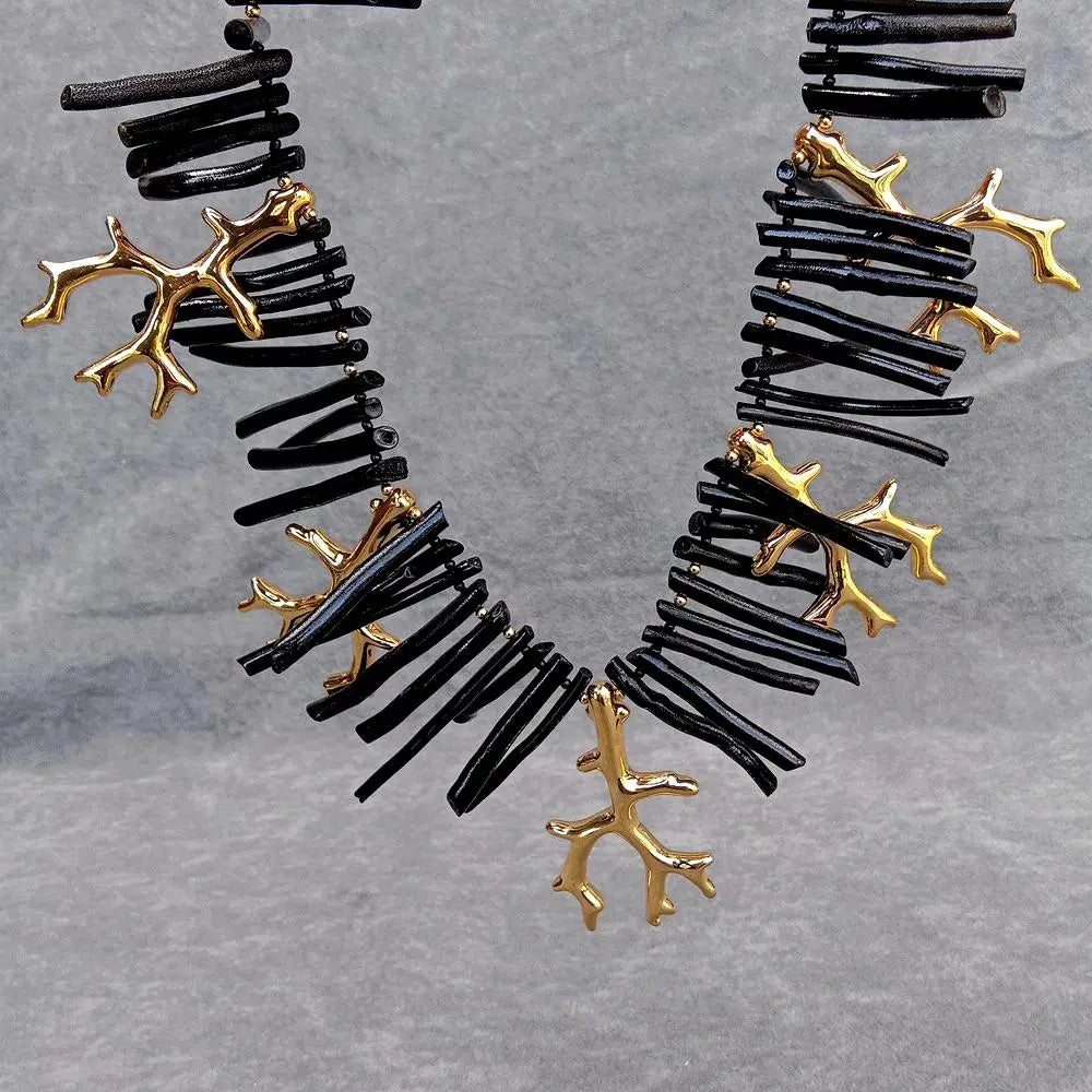 Y.YING Black Coral Golden Resin Branch Necklace