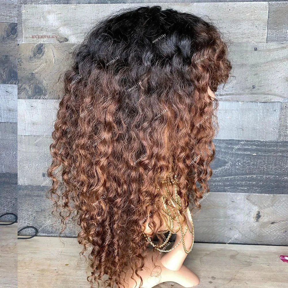 Ombre Chestnut Brown Kinky Curly With Bangs Lace Wig