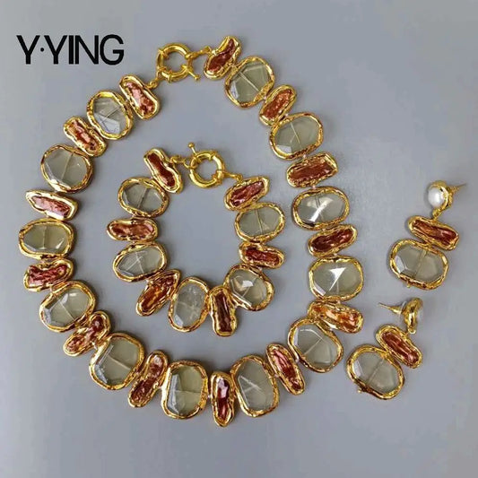 Y·YING Cultured Freshwater Brown Biwa Pearl Pearl Lemon Quartzs Necklace Bracelet Earrings Set