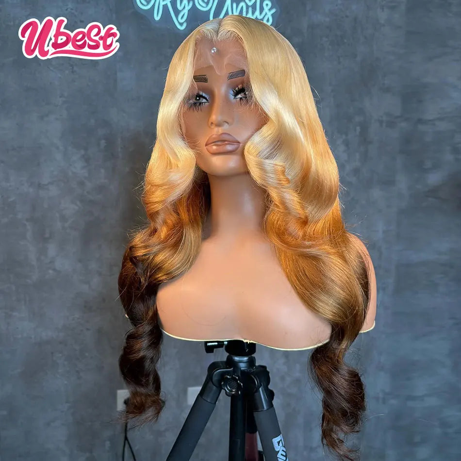 Ombre 613 Golden Brown Colored 100％ Human Hair Wigs - Transparent Lace Front