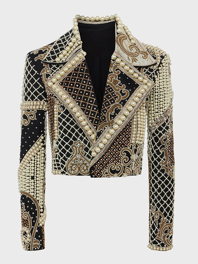 HIGH STREET Luxurious Diamonds Pearls Embroidered Beaded Cropped Velvet Jacket