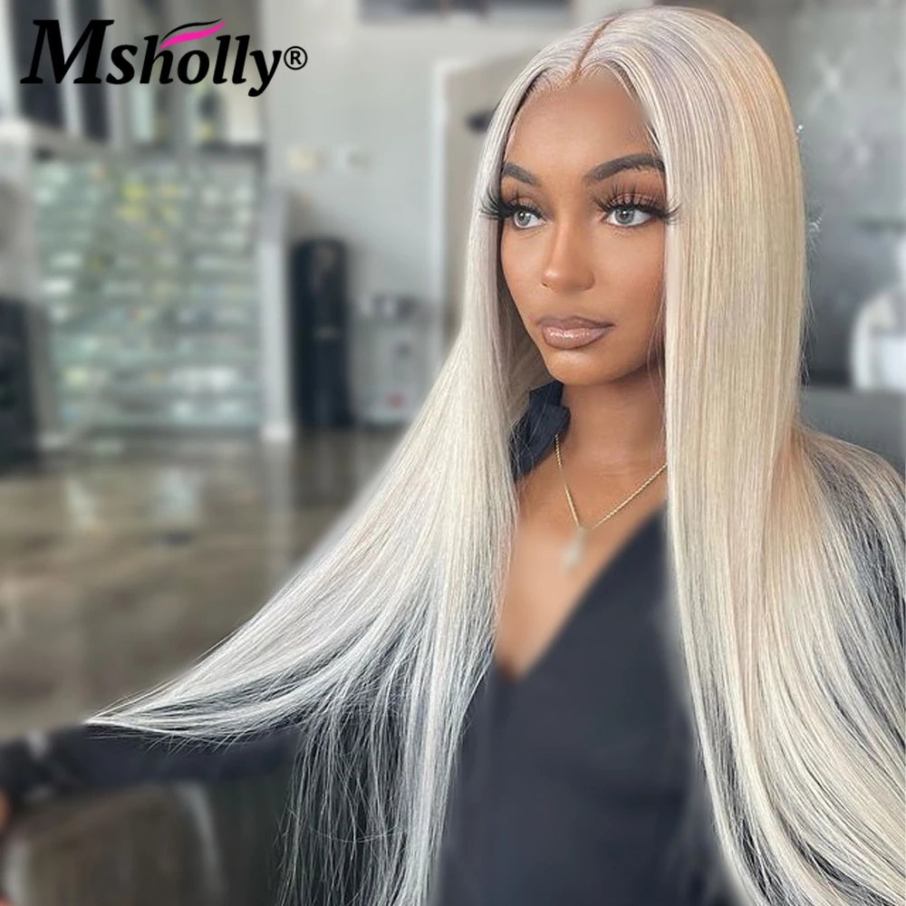 613 Platinum Straight Colored Lace Frontal Human Hair Wigs