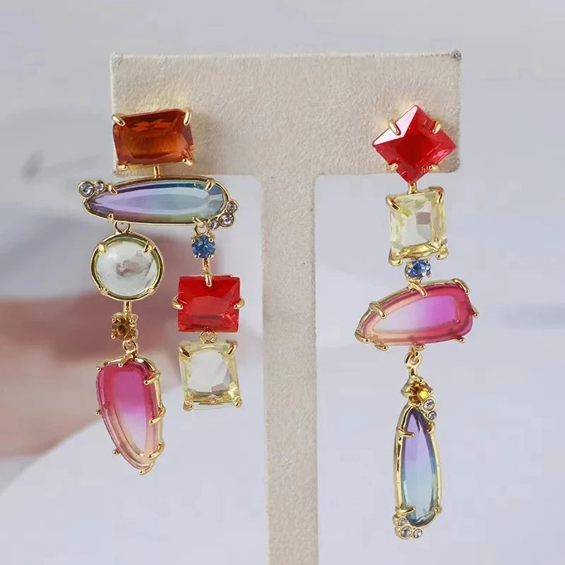 Geometric Square Dangle Earrings with Transparent and Colorful Cube Design