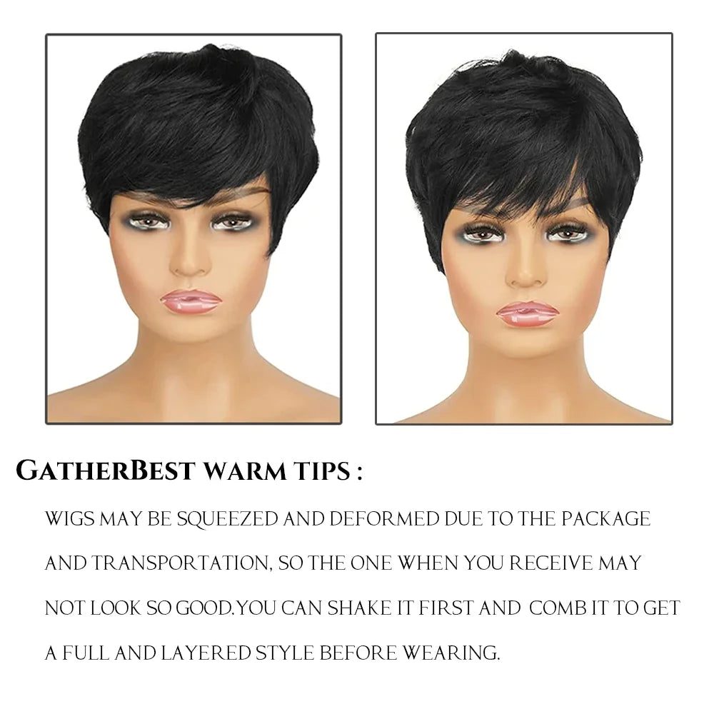 Short Human Hair Pixie Straight Wigs With Bangs