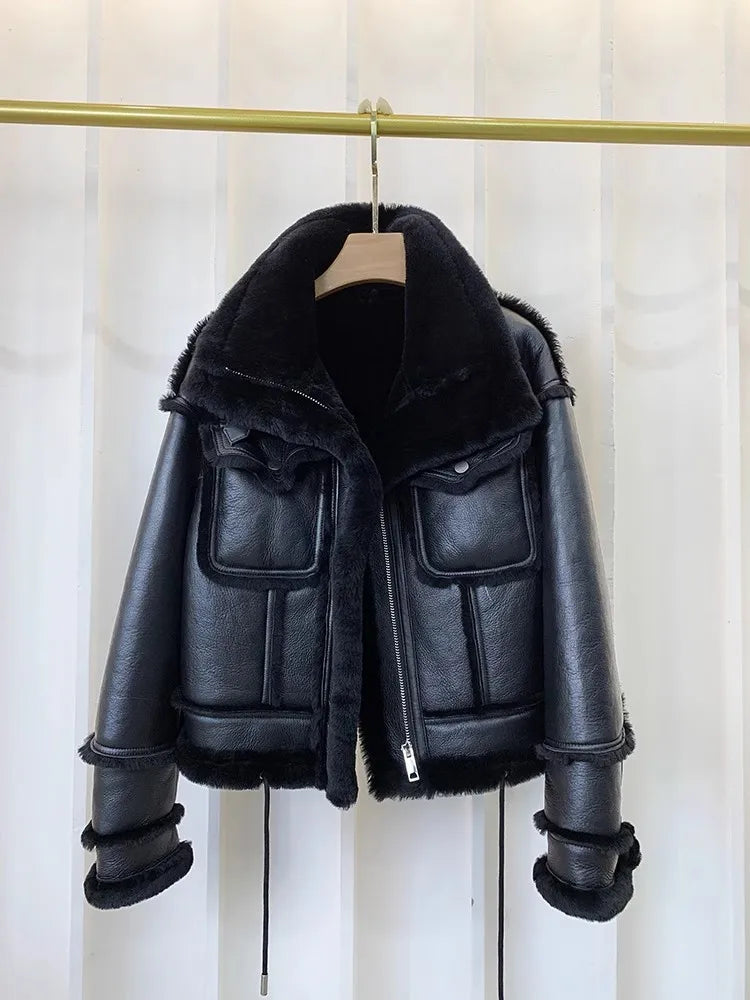 Real Fur Motorcycle Coat Wool Lining