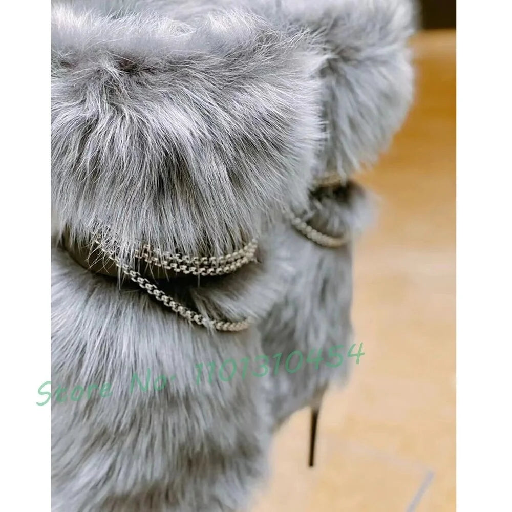 Grey Fur Chain Knee High Boots