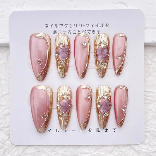 Pink Glitter Nail/Cat Eye Nail/Long Almond Nail/Handmade Press on Nails