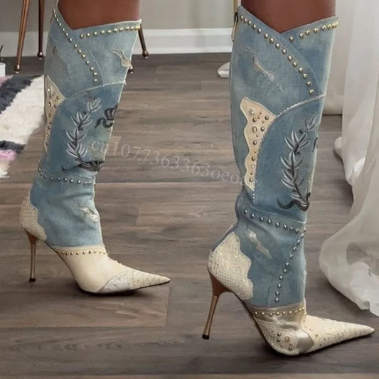 Demin Embroidery Boots - Metal Heels