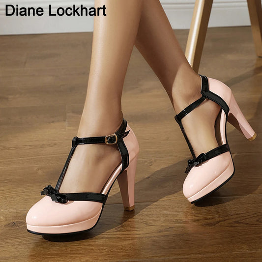 Ladies T-strap Fight Color High Heels Platform  Mary Janes