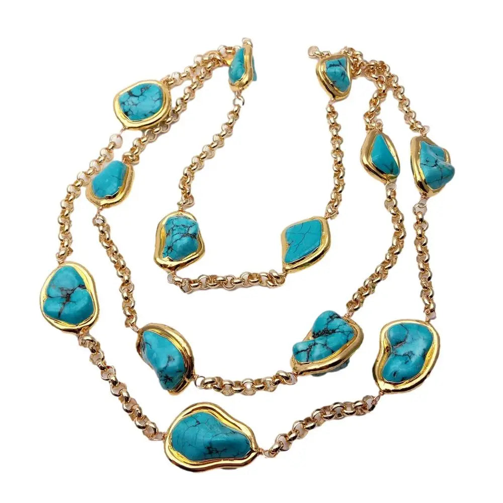 Y.YING 3 Rows Blue Turquoise Freeform Shape Necklace