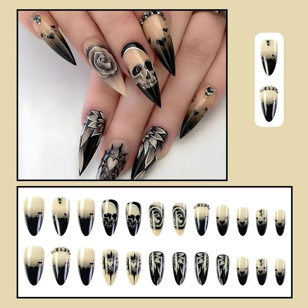 24pcs Rose Rhinestone Halloween Skull Fake Nails