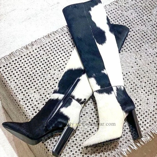 Horse Hair Black and White Knee High Boots