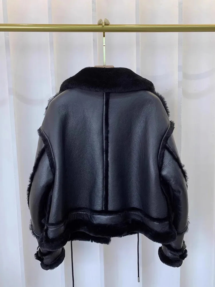 Real Fur Motorcycle Coat Wool Lining