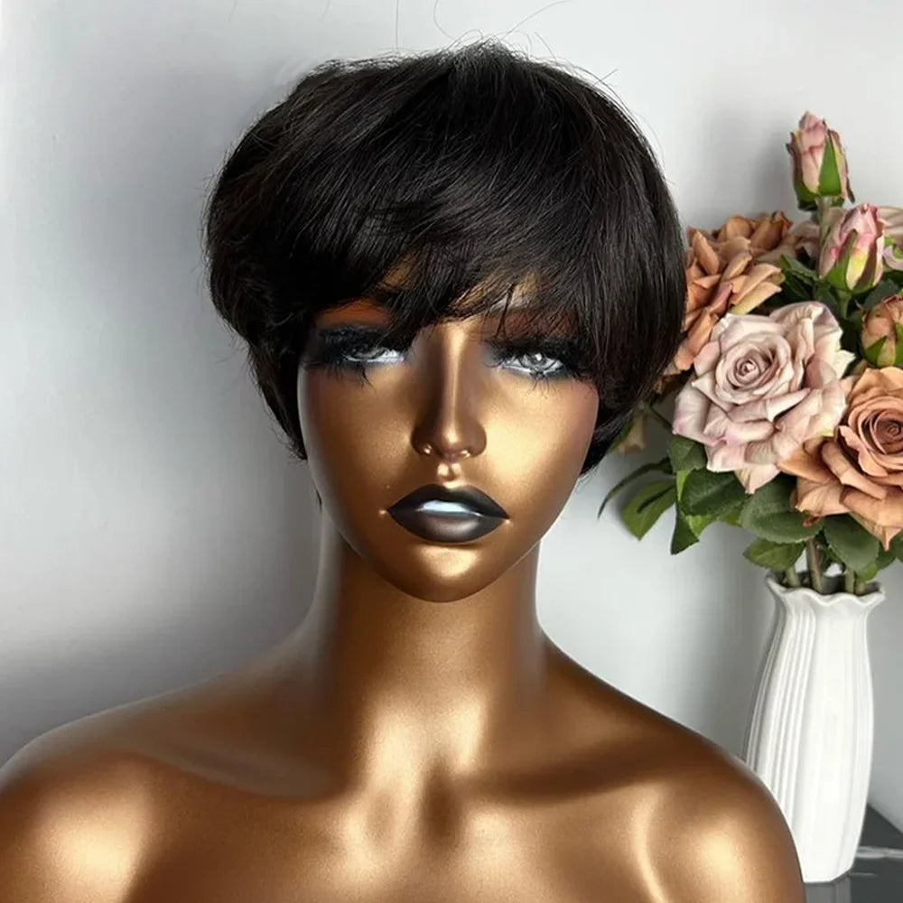 Short Human Hair Pixie Straight Wigs With Bangs