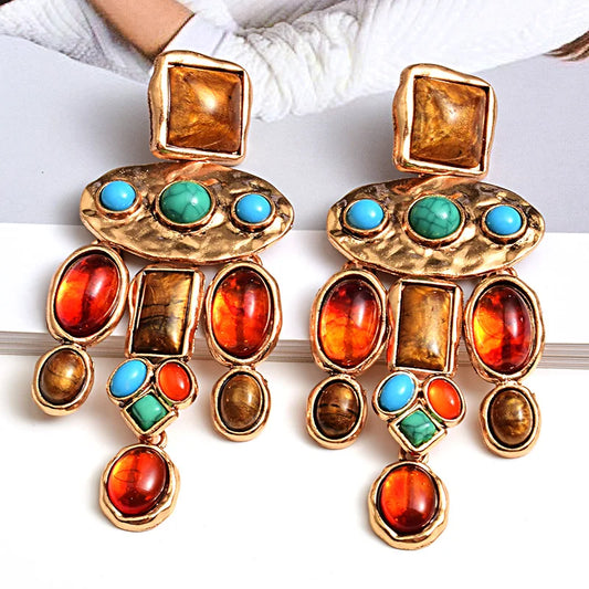 Vintage Metal Colorful Crystal Dangle Stone Earrings High-quality