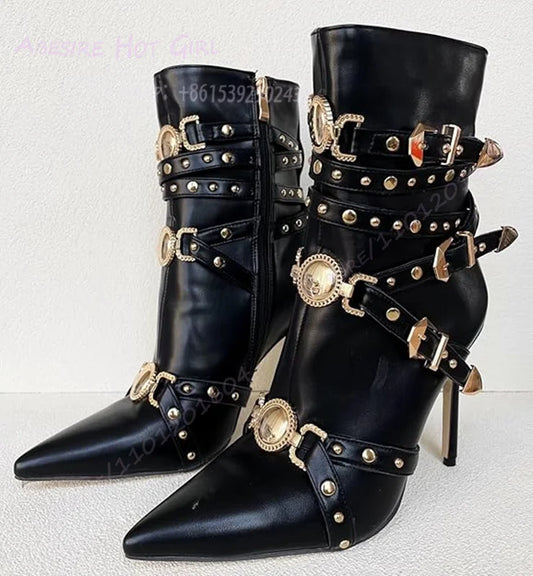 Gold Rivet Buckle Black Leather Calf Boots