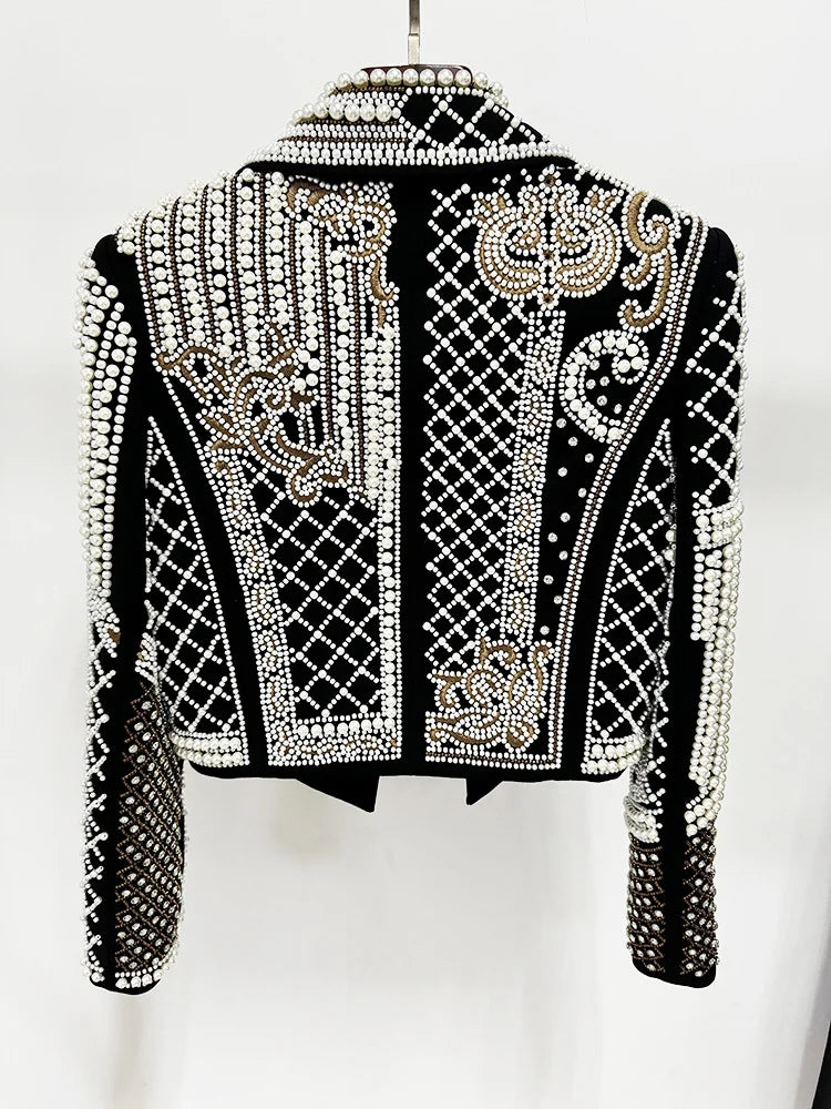 HIGH STREET Luxurious Diamonds Pearls Embroidered Beaded Cropped Velvet Jacket