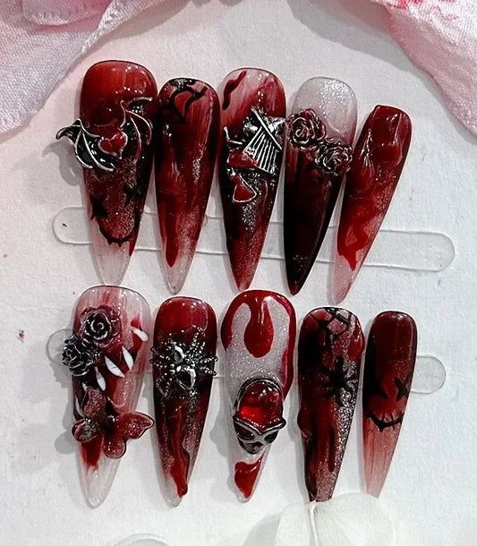 Handmade Beautiful Y2k Press on Nails Goth Style Black and Red - Halloween