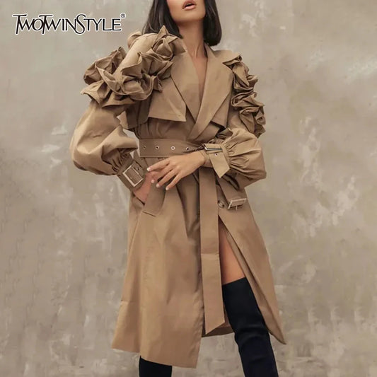 TWOTWINSTYLE Solid Patchwork Trenchcoat