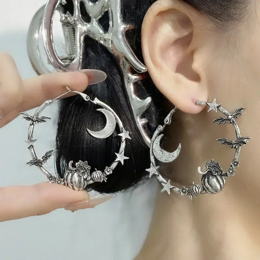 Moon Stars Pumpkin Bat Big Design Retro Gothic Halloween Earrings