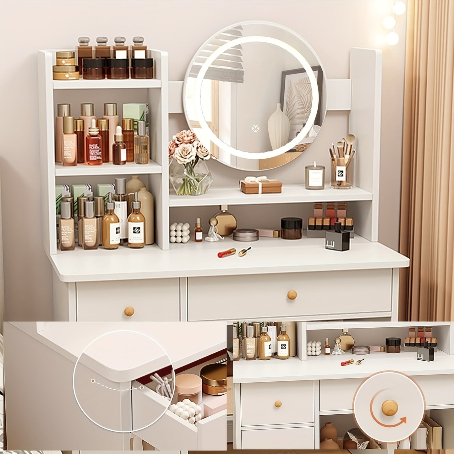 Radiant Glamour Vanity Desk - LED Mirror with Touch Screen Lighting