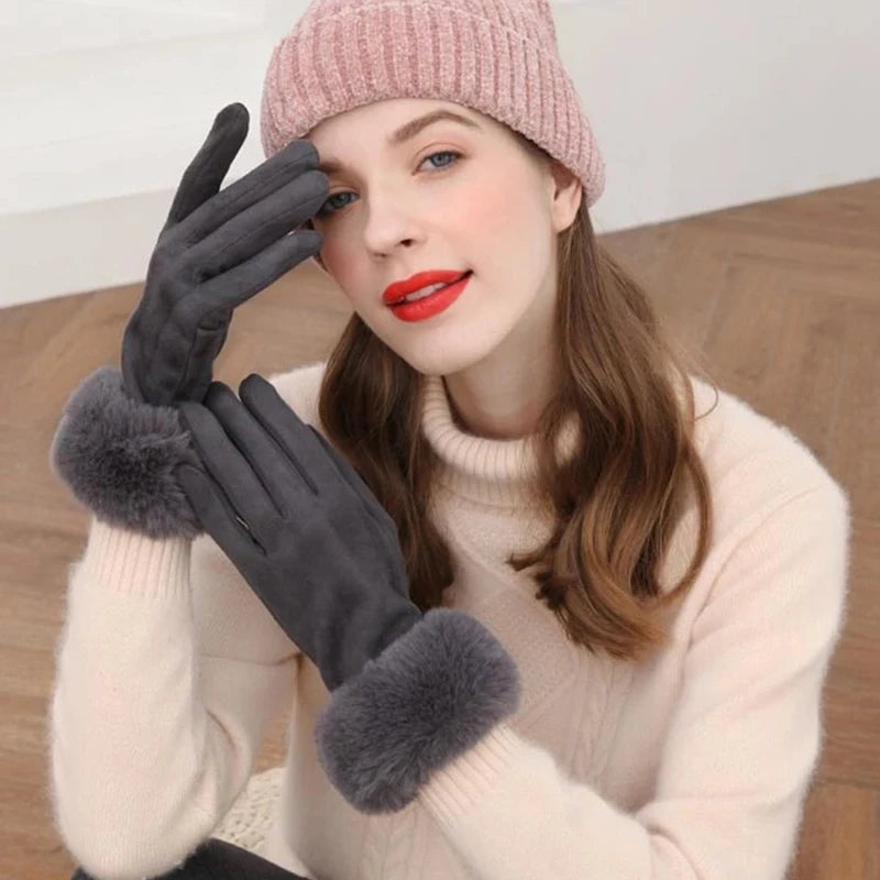 Faux Fur Suede Leather Touch Screen Driving Gloves