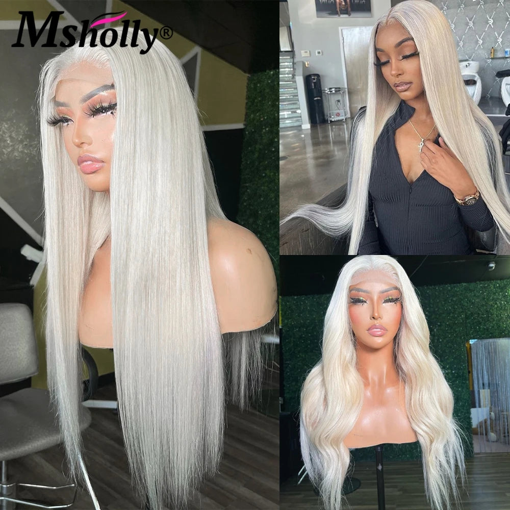 613 Platinum Straight Colored Lace Frontal Human Hair Wigs