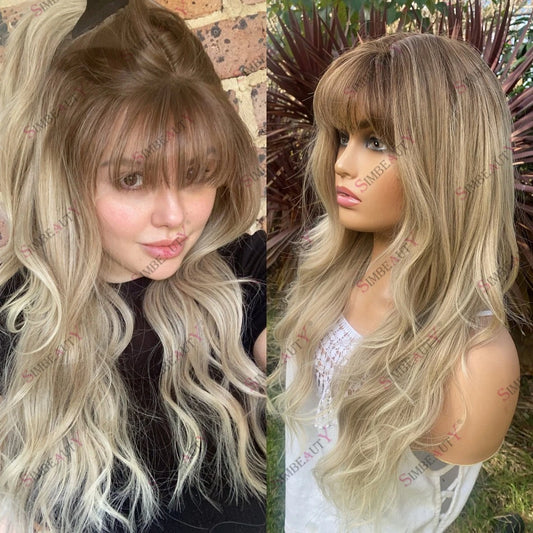 100% Human Hair Blonde Faded Lace Front Wig With Bangs