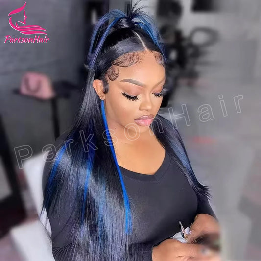 Straight Highlight  Black With Blue Lace Frontal Wigs Human Hair Wigs