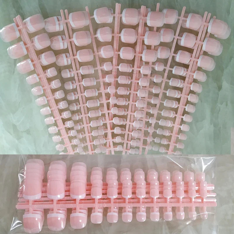 Nude Natural Pink Full Cover Short French Nails - feet and hands