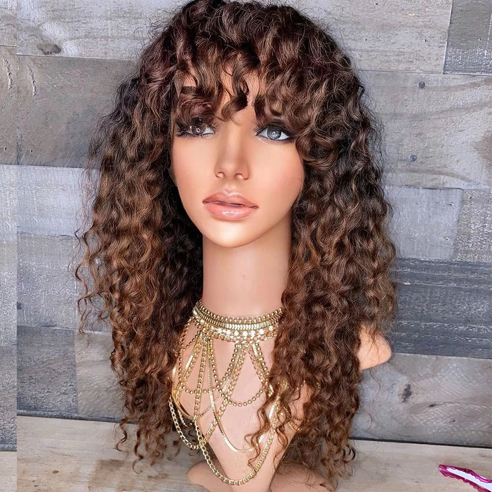 Ombre Chestnut Brown Kinky Curly With Bangs Lace Wig