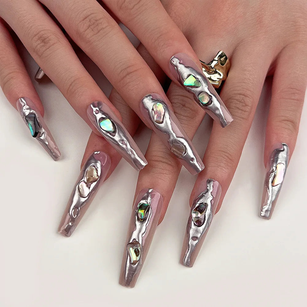 Shiny Gemstone Silver Lava Design Long Ballet Fake Nails