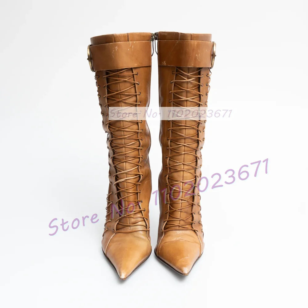 Tan Leather Pointed Toe Mid-calf Boots