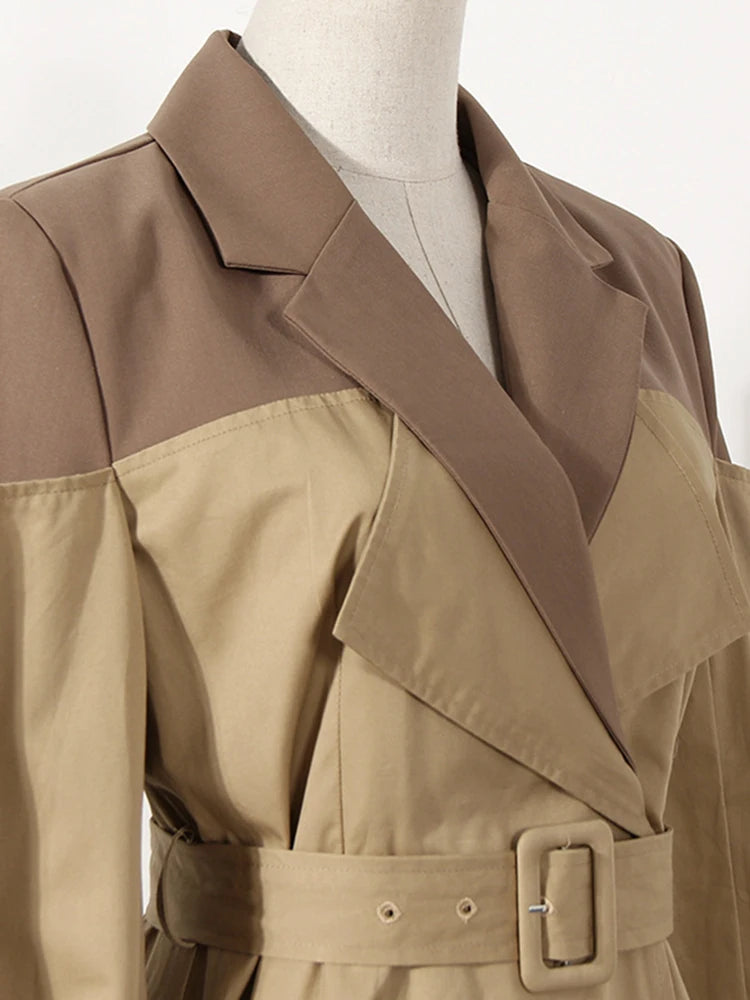 [EAM] Women Khaki Color-block Long Trench Coat