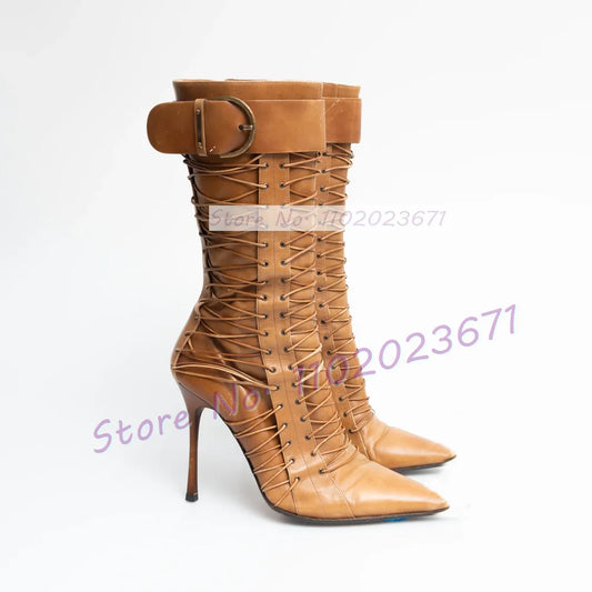 Tan Leather Pointed Toe Mid-calf Boots