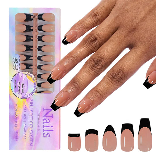 150pcs/Boxed French Gel Tips Press On Nails Black Coffee Almond Nails