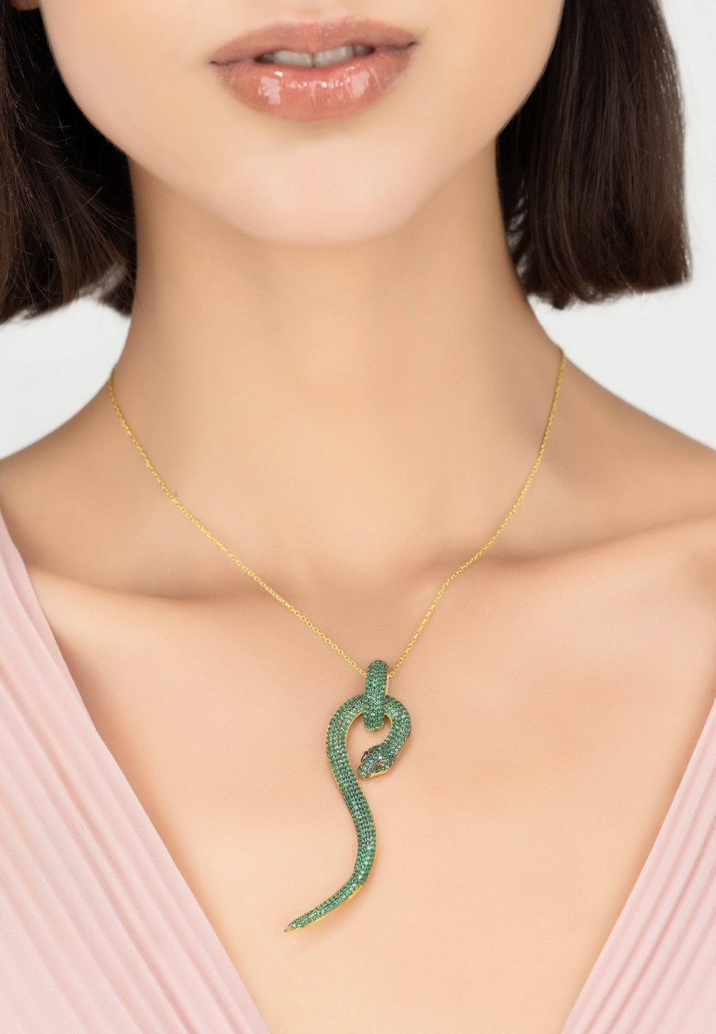 Anaconda Snake Pendant Necklace Gold Emerald