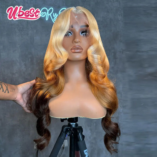 Ombre 613 Golden Brown Colored 100％ Human Hair Wigs - Transparent Lace Front