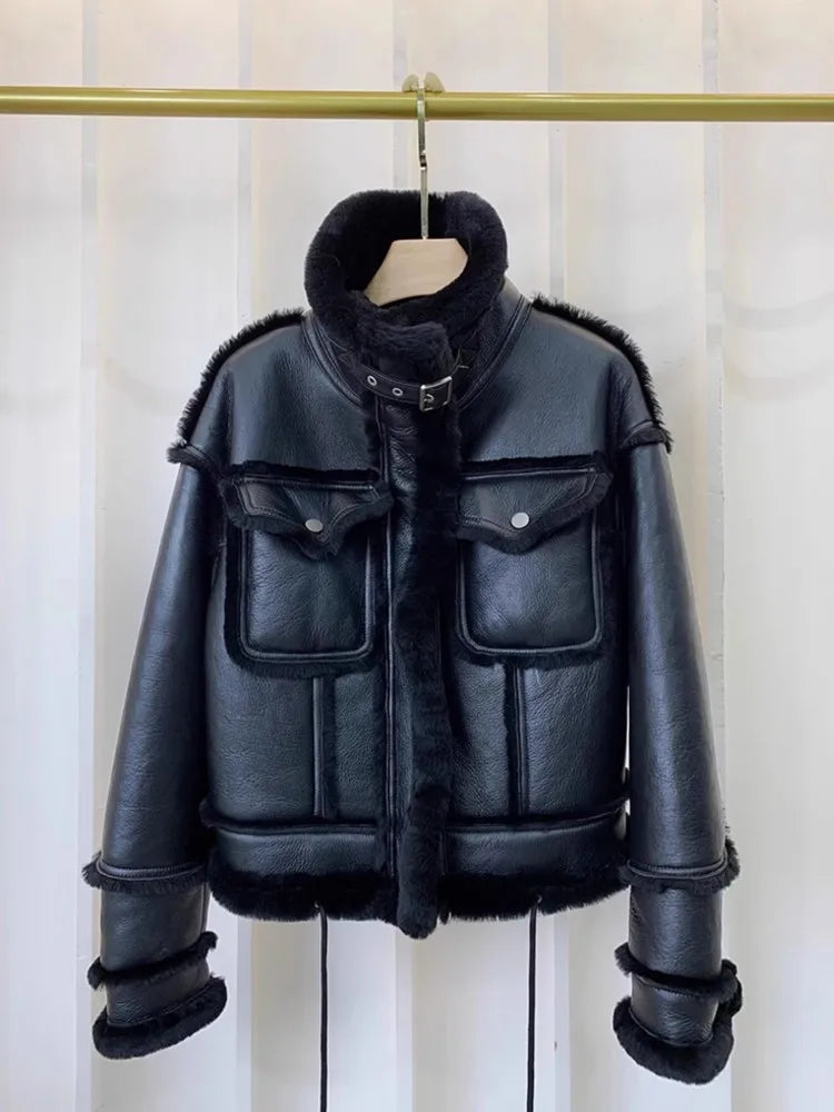 Real Fur Motorcycle Coat Wool Lining