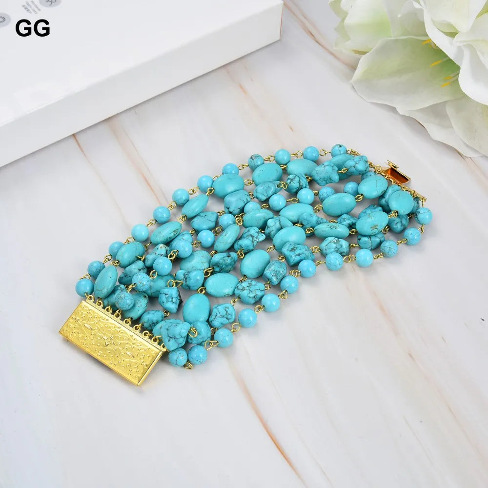 GG Natural 9 Strands Blue Turquoise Gems Stone Bracelet Cute For Women