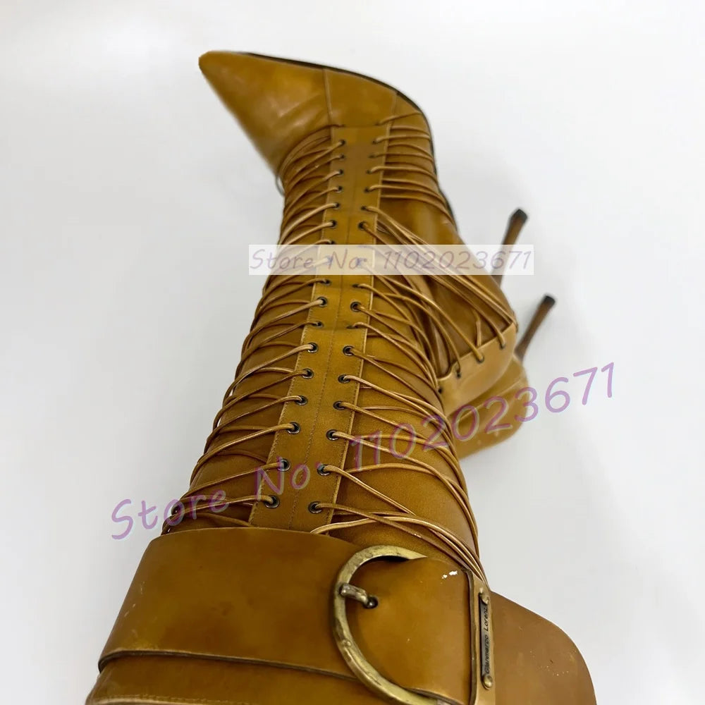 Tan Leather Pointed Toe Mid-calf Boots