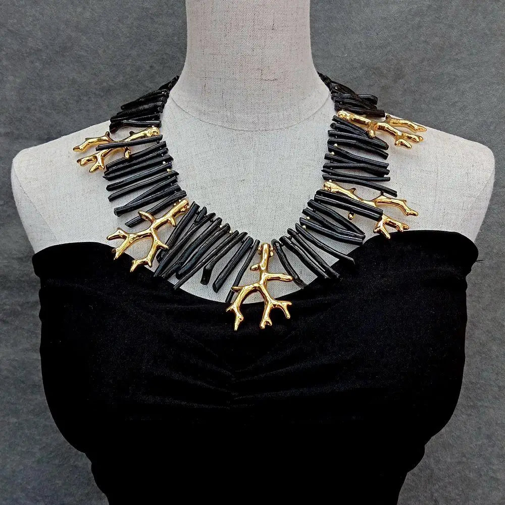 Y.YING Black Coral Golden Resin Branch Necklace