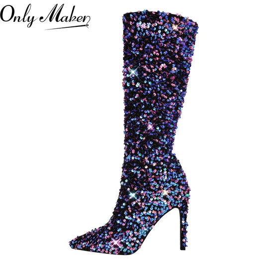 OnlyMaker Winter Glitter Stiletto High Heel Boots