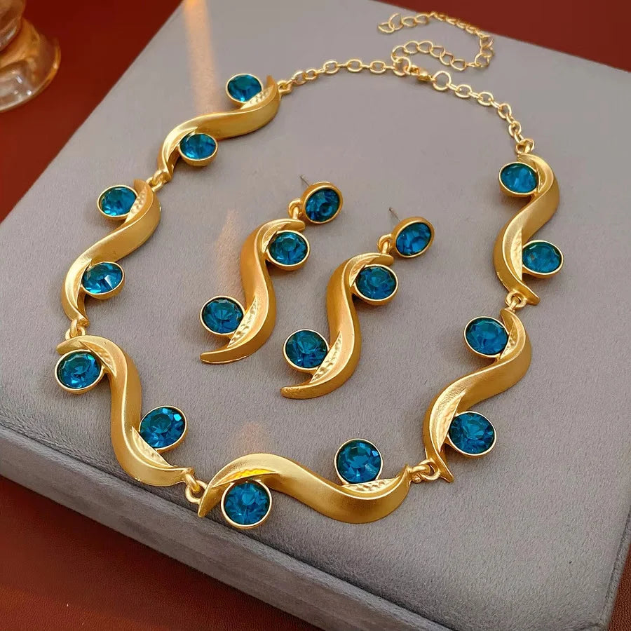 Round Wave Long Earrings Blue Rhinestone Jewelry Set - Your Beauty Matters