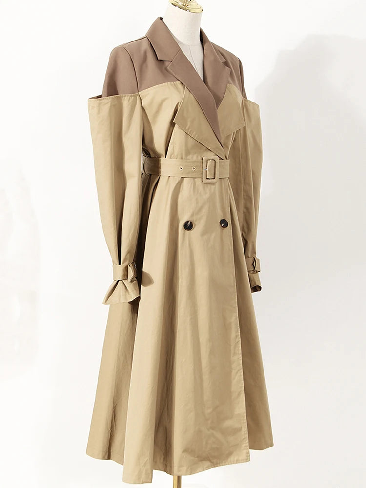 [EAM] Women Khaki Color-block Long Trench Coat