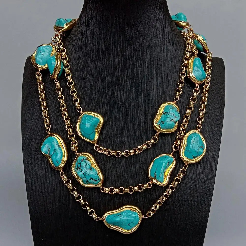 Y.YING 3 Rows Blue Turquoise Freeform Shape Necklace